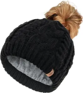 FURTALK Ponytail Beanies for Women Messy Bun Winter Hat with Tail Hole Warm Lined Knit Skull Beanie Outdoor Runner Cap