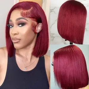 99J Burgundy Lace Front Wigs Human Hair Reddish Brown 13x4 Short Straight Bob Wig 180% Density HD Pre Plucked Glueless Lace Front Human Hair Wine Red bob wig Bleached Knots Natural Hairline 10Inch