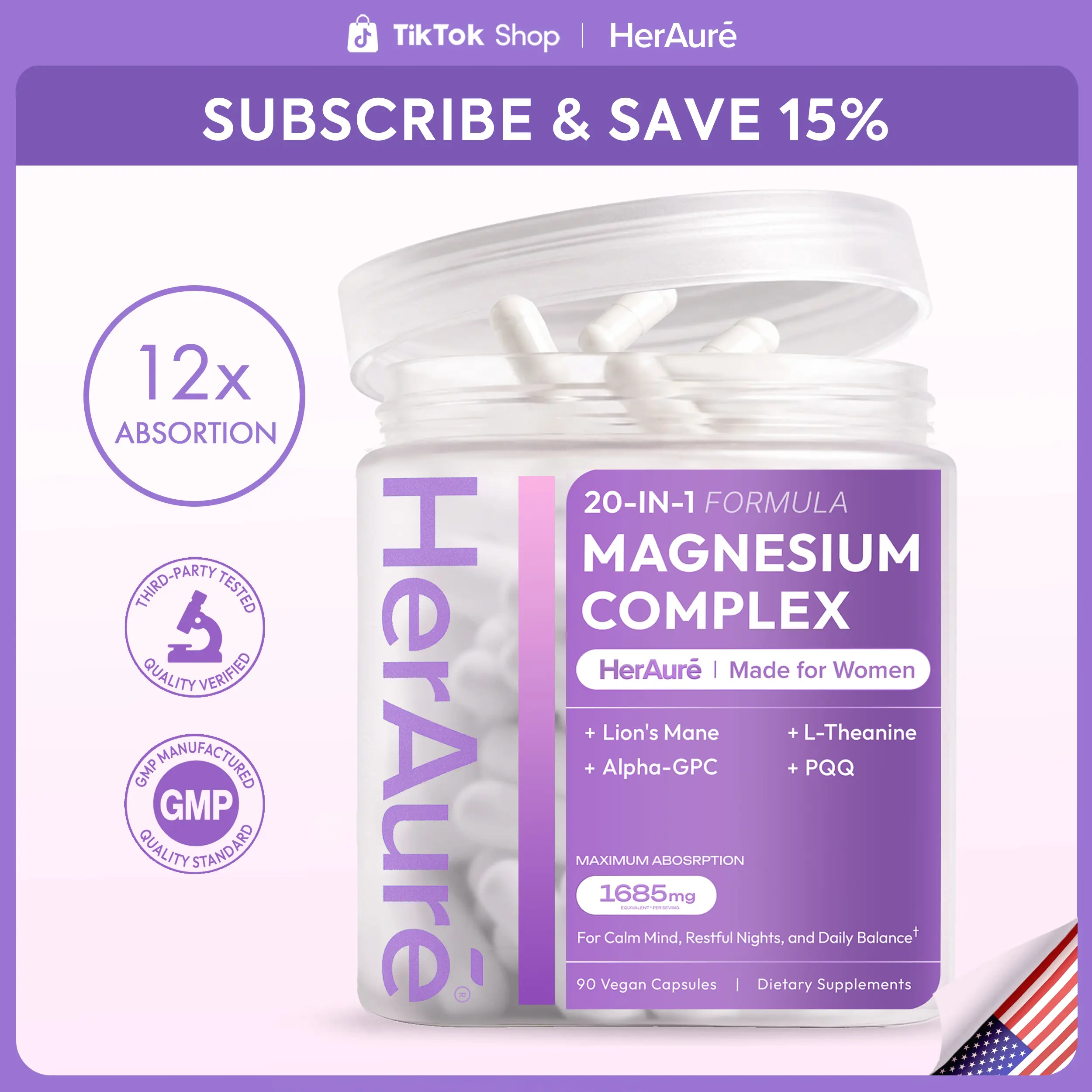 HerAuré 20-in-1 Magnesium Complex 1685mg - Brain Fog Relief, Reduce Overthinking & Calm Mind, Stress Relief & Sleep Comfort, Digestion, Muscle & Energy Support, 12 Forms of Magnesium, B6, Zinc & Slippery Elm, beach essentials, Deals For You Days，G