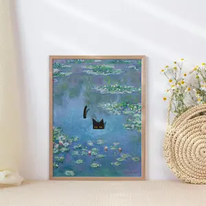 Monet Waterlily Cat Print, Claude Monet Cat Poster, Cat Art, Floral Print, Wall Art Decor Glossy Friend