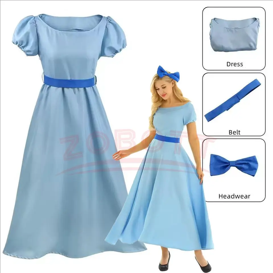 Halloween Princess Wendy Cosplay Costume Women Short Puff Sleeves Princess Fancy Dress Up Carnival Party Maxi Dress Headwear