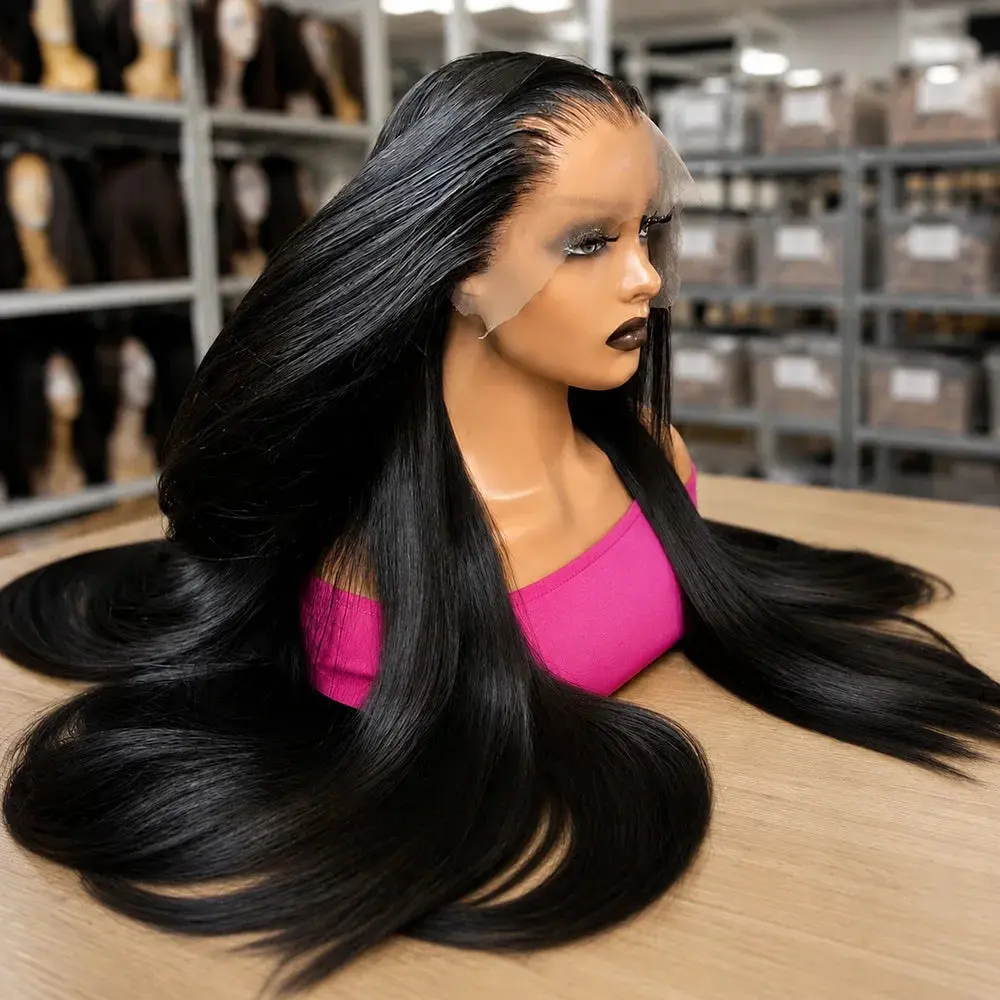 230% HD 13x6 Bone Straight Human Hair Wigs Full Edges Straight Lace Frontal Wig For Girls Ear To Ear Pre Plucked HD Lace Front Wig For Beginner Natural Black Silky Straight Lace Front Human Hair Wigs For Daily Wear