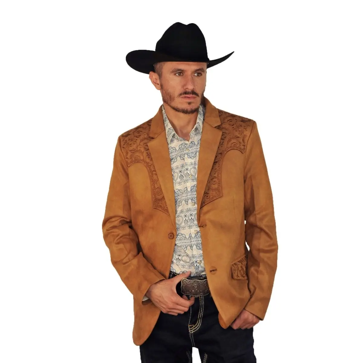 Saco Camel Vaquero de Gamuza con Bordado Western, Lam-516 Saco Camel Vaquero de Gamuza con Bordado Western, Lam-516