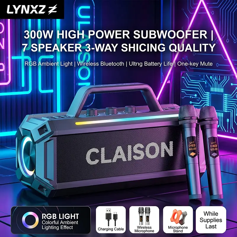 300W Portable Bluetooth Karaoke Speaker with 2 Wireless UHF Microphones, 7-Driver Stereo DSP Deep Bass, RGB Light 20000mAh Big Battery Outdoor Boombox for Camping Home Party Street Performance