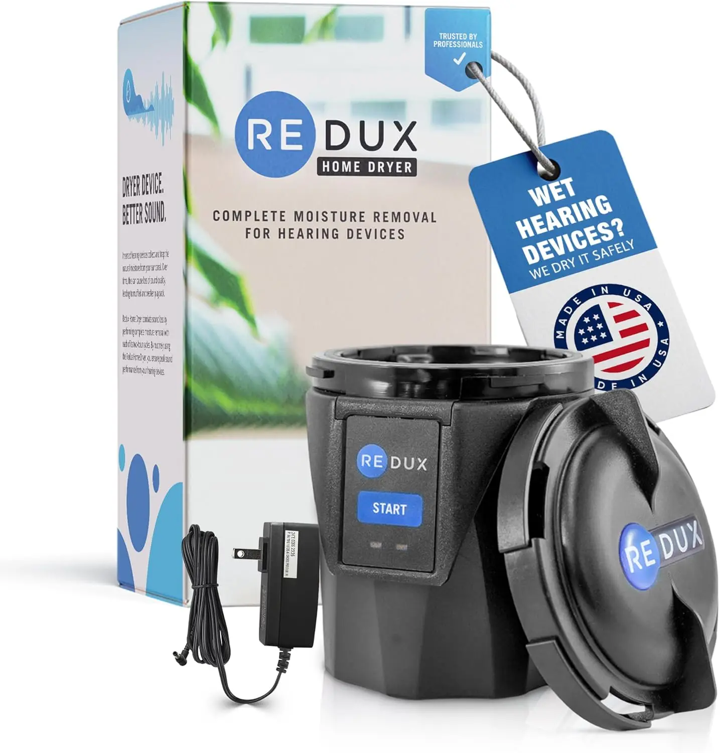Hearing Aid Case with Self-Recharging Dryer & Dehumidifier – Redux Home App-Connected Moisture Removal, No Refills Needed, Safe for Rechargeable Hearing Aids & Earbuds
