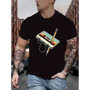Men's Graphic Print Streetwear T-Shirt in 200g Combed Cotton, Boxy Cut Round Neck Shortsleeve, Breathable & Sweat-Wicking, Tshirt