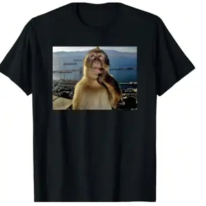 "Thinking Monkey Meme" American Retro Black Short-Sleeved Unisex T-Shirt, Hilarious Animal Graphic, Casual Streetwear for Comedy & Meme Enthusiasts, Unique Quirky Pop Culture Statement Piece funny crewneck menswear Shortsleeve Print
