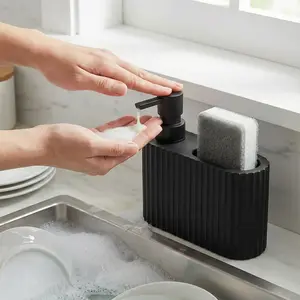 Modern Striped Textured Soap Dispenser with Sponge Holder, Phthalate-Free, Freestanding for Kitchen or Bathroom Use, Soap Container, Soap Canister