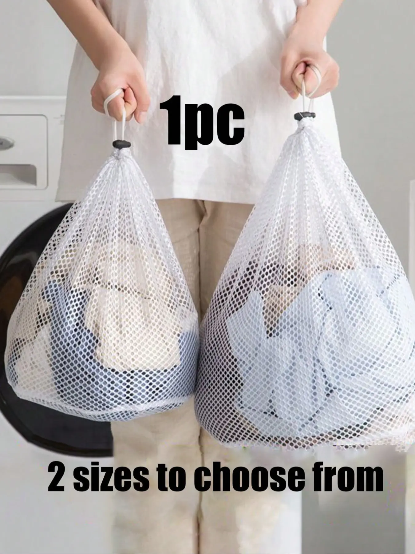 1pc Mesh Laundry Bag With Drawstring, White Polyester Large Washing Machine Bag For Bathroom