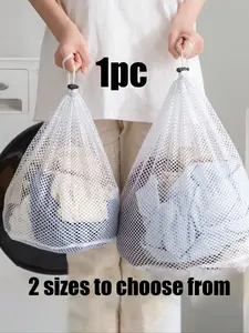 1pc Mesh Laundry Bag With Drawstring, White Polyester Large Washing Machine Bag For Bathroom