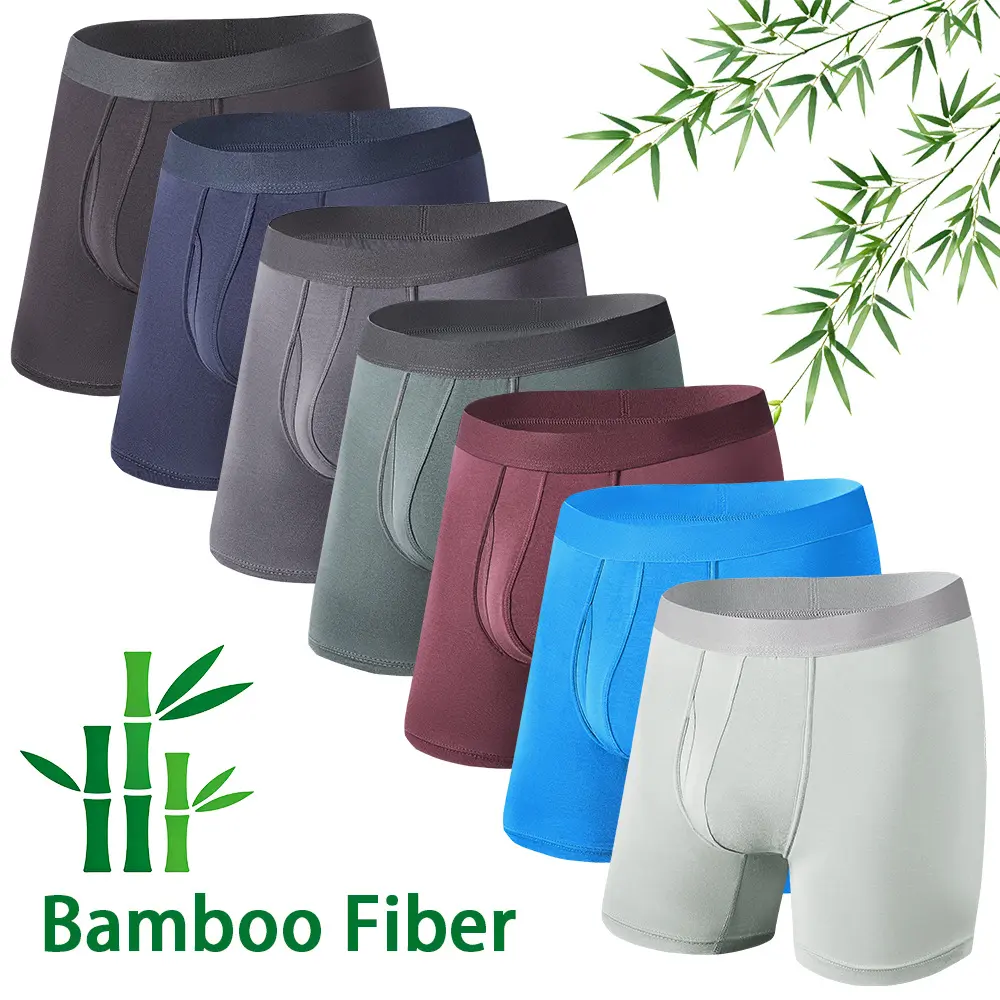 {Buy 7 Get 7 Free}Men's Solid Color Bamboo Fiber Boxer Briefs 7-Pack,Open Crotch Mid-Rise Long Leg Underwear, Breathable Comfortable All-Season Daily Wear