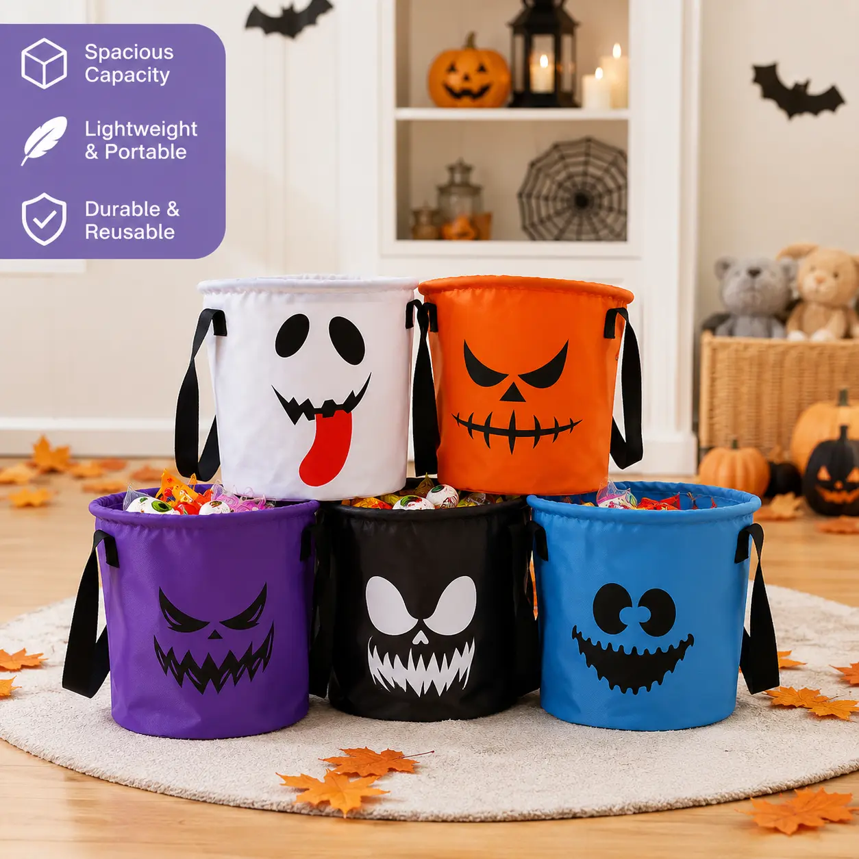 1 Count, Orange Halloween Trick or Treat Bucket with Printed Spooky Face and Carry Strap, for Halloween Candy Collection and Themed Party Use