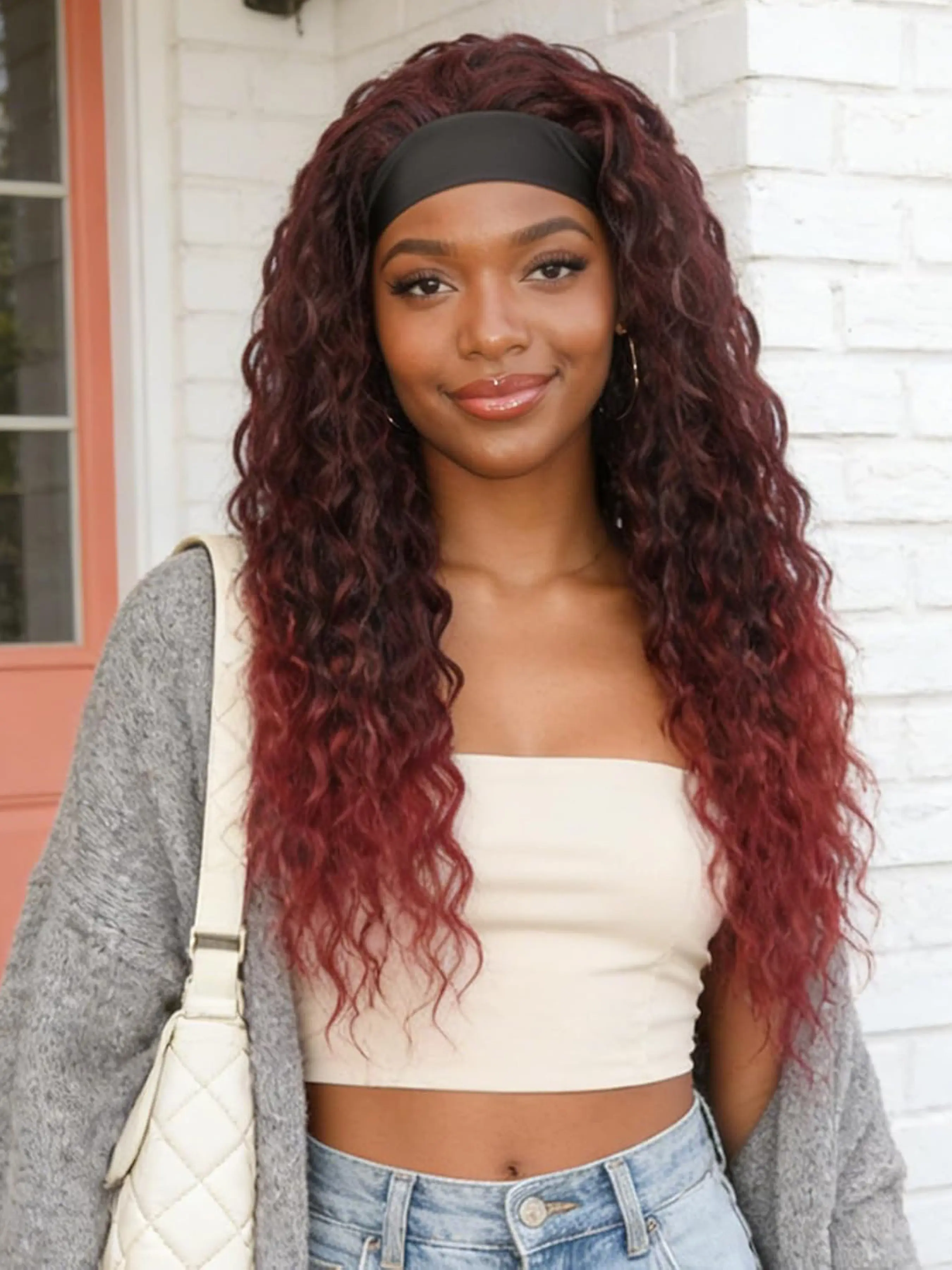 Burgundy Headband Wigs Deep Wave 20 Inch, No Lace Front, Curly Hair, Glueless, Machine Made, Deep Wave for Women, Synthetic Curly Wavy, Curled Synthetic Wig