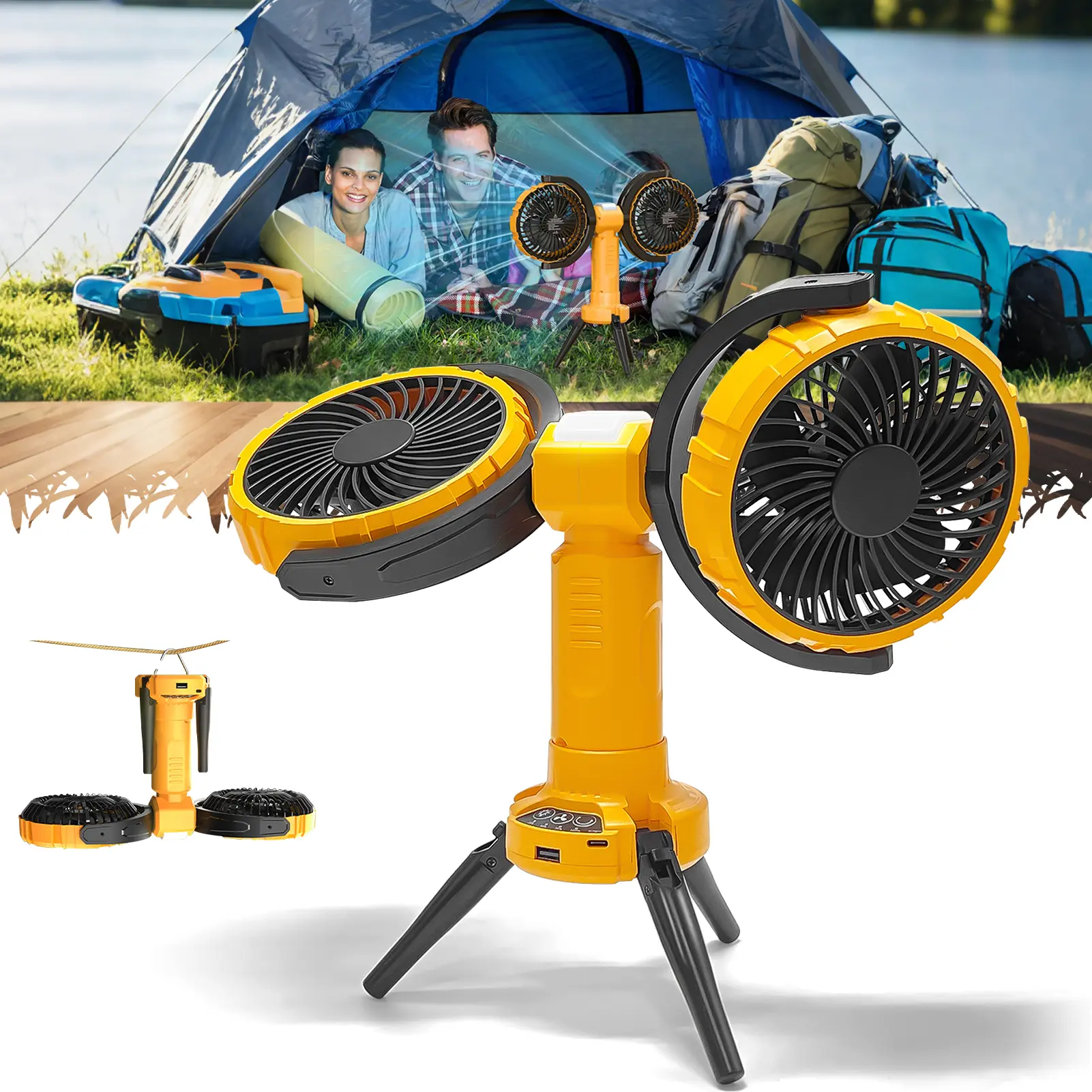 Portable Camping Fan with Foldable Tripod, Dual Head 270° Oscillating Design, 8000mAh Rechargeable Battery with USB Port, 4 Speeds, LED Lantern & Portable Charger for Tent RV, Collapsible, Compact