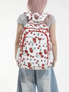 Fashion Cherry Print Backpack, Large Capacity Multi-Pocket Bag, Adjustable Straps, Zipper Closure, Ideal for Office, School, Travel