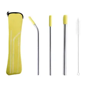 5pcs Set Stainless Steel Straws, Reusable Metal Straws With Silicone Tips, Sturdy Bent Straight Drinks Straw, Food Grade Straw, With 3pcs Straws, 1pc Cleaning Brush And 1pc Bag, 8inch, Drinking Straw