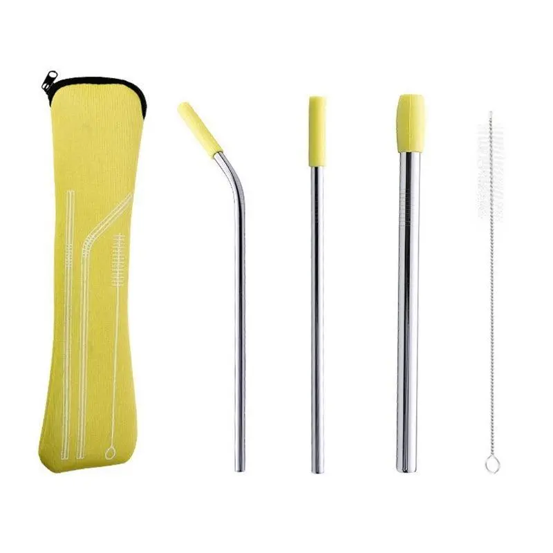 5pcs Set Stainless Steel Straws, Reusable Metal Straws With Silicone Tips, Sturdy Bent Straight Drinks Straw, Food Grade Straw, With 3pcs Straws, 1pc Cleaning Brush And 1pc Bag, 8inch, Drinking Straw, Straw Combo