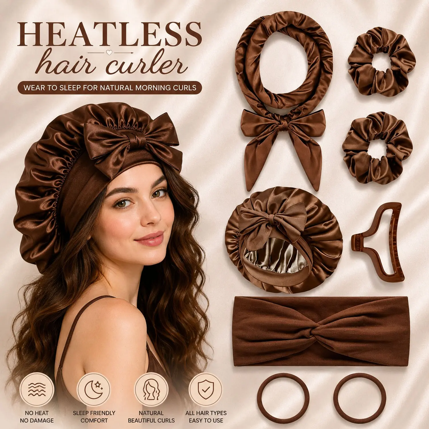 8Pcs Luxury Satin Heatless Curling Set, Heatless Curlers, No Heat Overnight Hair Curler Kit with Satin Bonnet, Curling Headband, Scrunchies, Hair Clip & Hair Ties, Wake Up to Soft Curls, Smooth Waves & Frizz-Free Beauty Sleep Styling