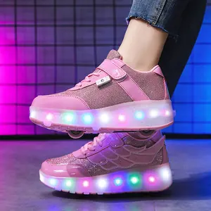 Girls' LED PU Leather Roller Skates - Casual Trainer Shoes, Athletic Sneaker Footwear, Installable Wheels, Quick-Sliding Blush Pink, All Seasons, Secure Strap, Holiday Gift Choice