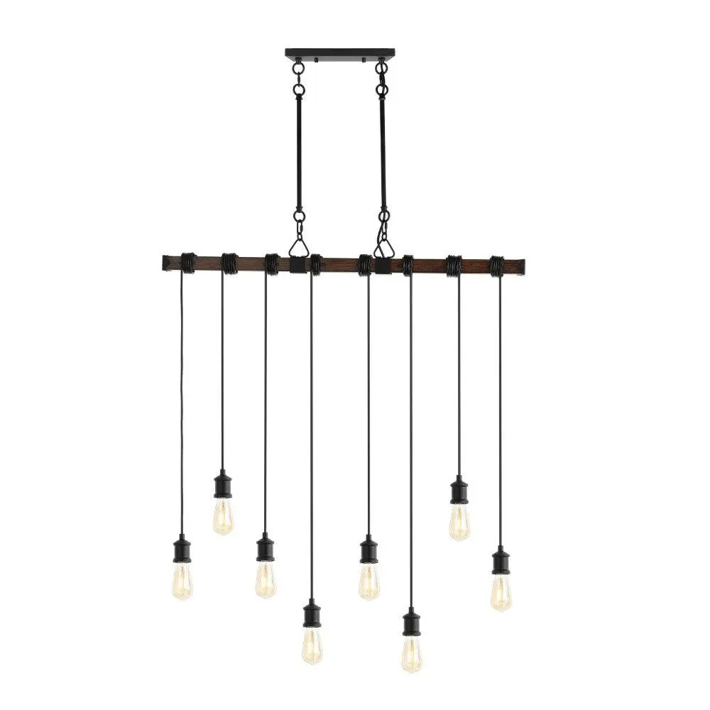 JONATHAN Y Rhys 8-Light Vintage Industrial Driftwood Iron LED Linear Chandelier with Height Adjustable Bulbs; for Living Room, Bedroom, Kitchen, Office