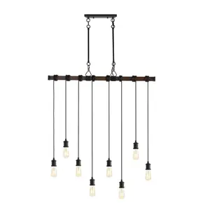 JONATHAN Y Rhys 8-Light Vintage Industrial Driftwood Iron LED Linear Chandelier with Height Adjustable Bulbs; for Living Room, Bedroom, Kitchen, Office