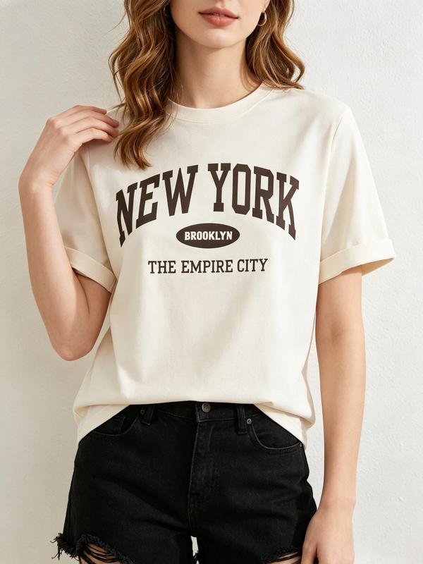 Women's Pure Cotton Vintage New York Graphic Print Crew Neck Short-Sleeve Tee - Brooklyn, Empire City, Plus Size, Comfortable Fabric, Casual Streetwear Look, Breathable Beach Top