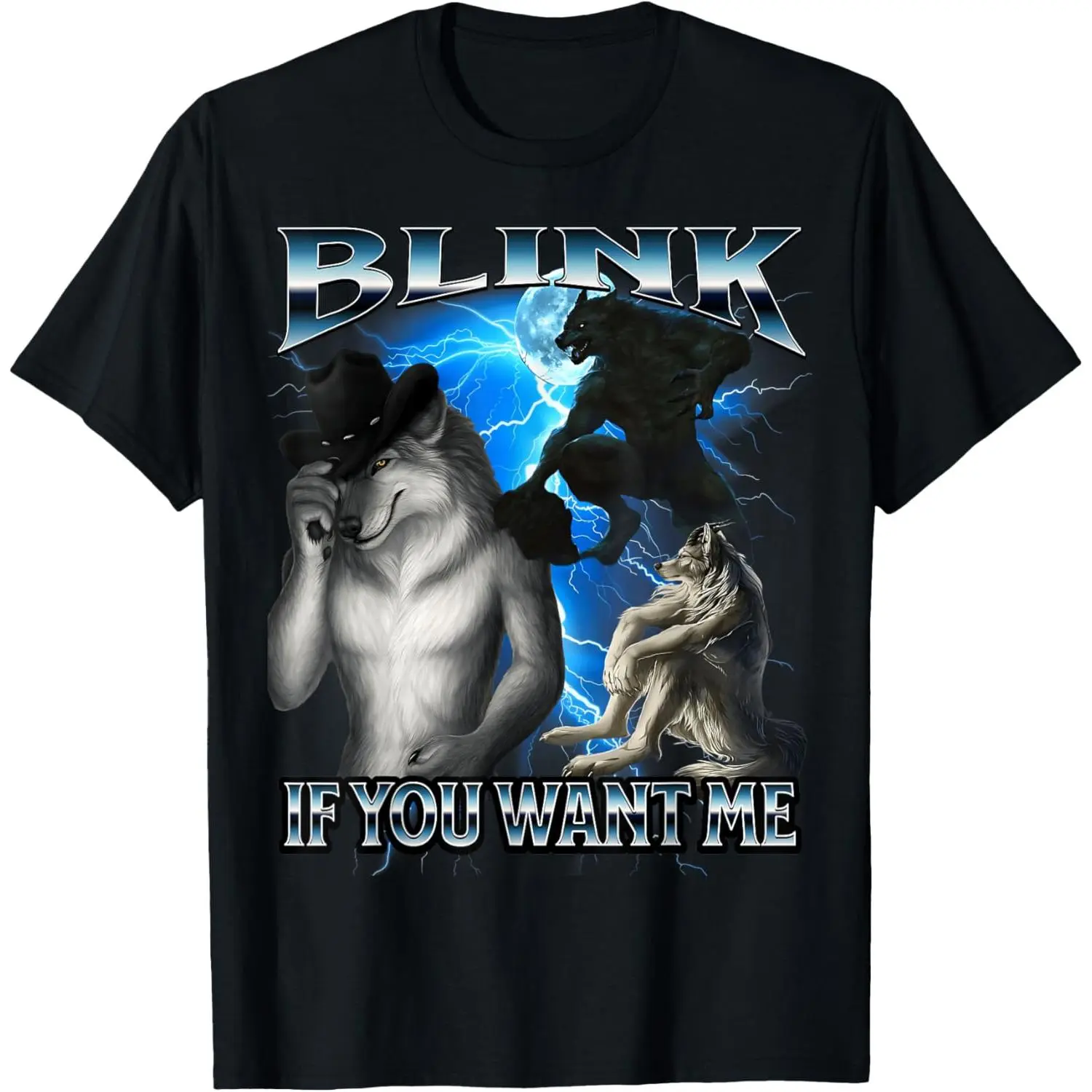 Men's Funny Alpha Wolf Meme Streetwear T-Shirt - Blink If You Want Me Design, Breathable Short-Sleeve Top, Bootleg Style, Tshirt, Shortsleeve