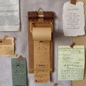 Vintage Clip-Board Message Board with Replaceable Leather Paper Roll, Wooden Bulletin Board with Cutter and Pen, Office Kitchen Home Decor