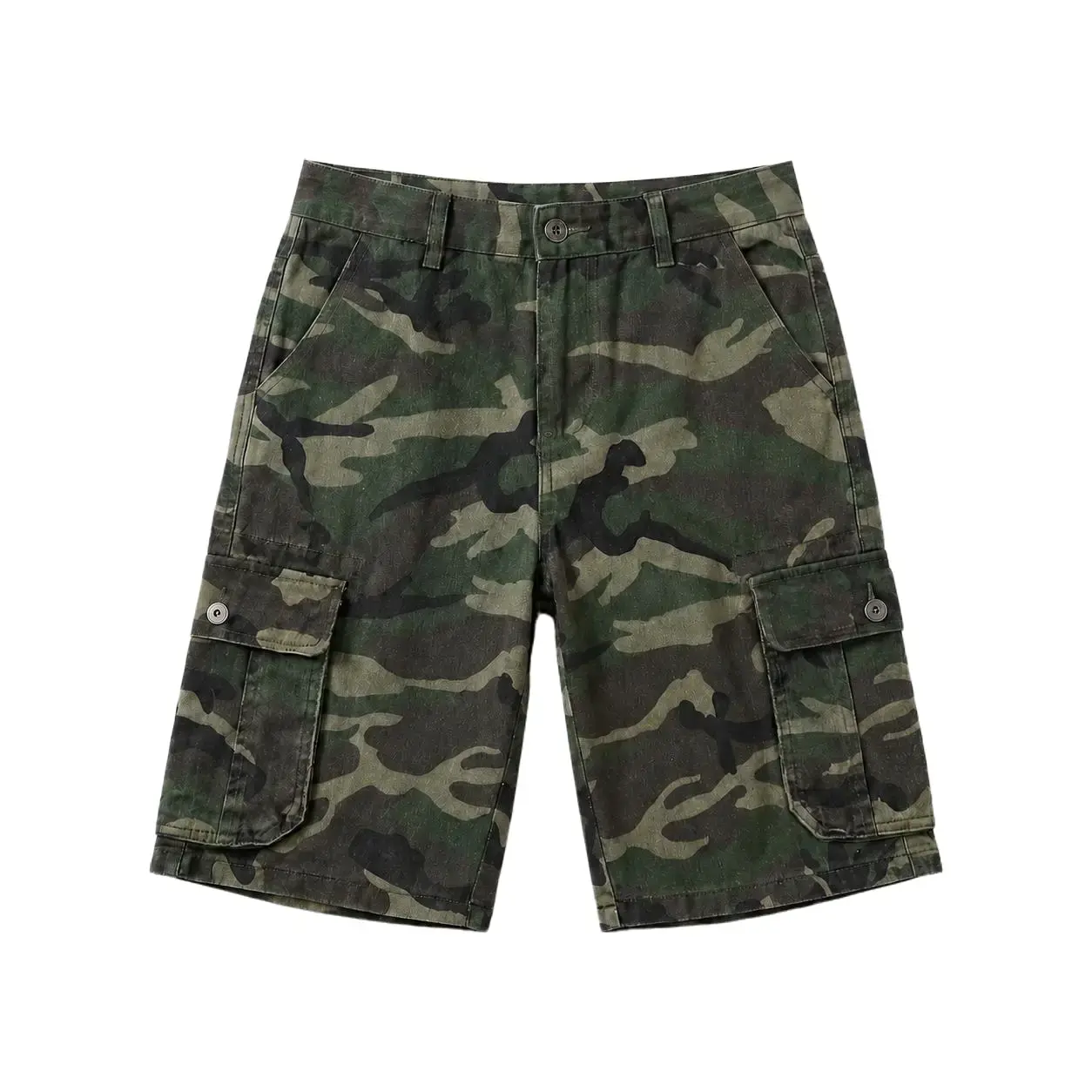 Men's 90s Retro Washed Distressed Army Camo Cargo Style Shorts - Straight-Leg Fit, Summer, Multi-Pocket Casual Menswear, Camo Cotton Shorts