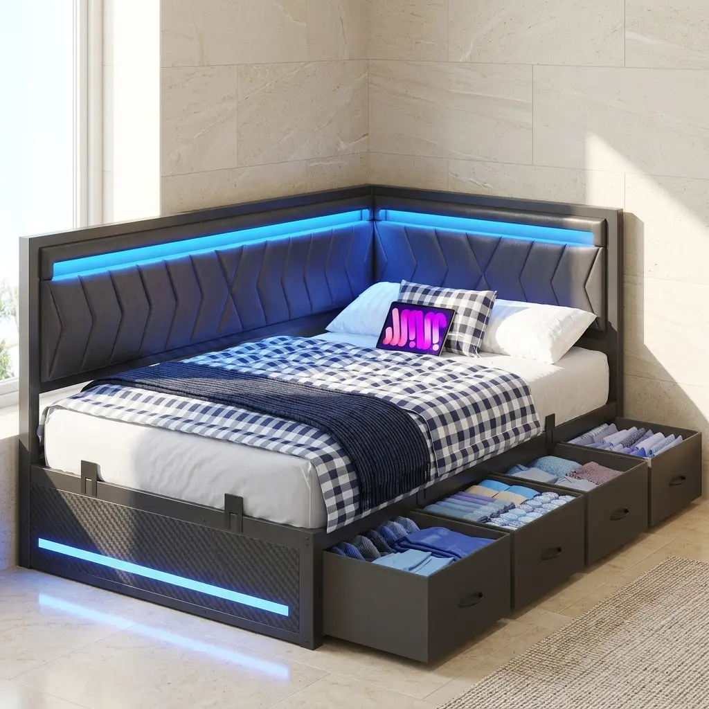 Hasuit Modern Metal Twin-Full-Queen Corner Bed Frame - Twin Daybed with Upholstered Headboard, Guardrails, 4 Drawers, RGB LED Lights, USB Port Charging Station, Esports Double Gaming Bed Frame, Twin Bed Frame, Multiple Components