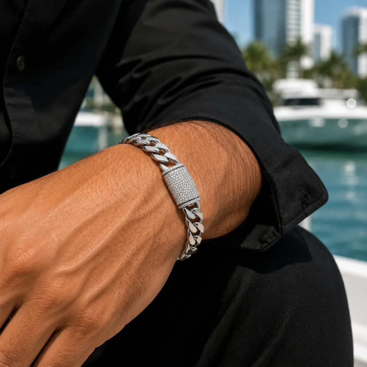Iced Clasp Miami Cuban Bracelet White Gold Plated Daily use 8'' inches long 9 mm thickness