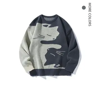 Men's Graphic Cat Print Colorblock Crewneck Drop Shoulder Long Sleeve Pullover Sweater,Unisex Knit Sweater Cat Cartoon Sweatshirt Casual Fashion Casual Fashion Knitwear Menswear Stylish Grey