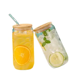 Glass tumbler for iced coffee with bamboo lid and straw; cold drink cup; juice glass; beer glass, 16 oz
