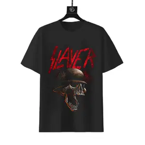 Slayer Military Helmet Skeleton Unisex Cotton T-Shirt for Metal Fans Graphic Menswear