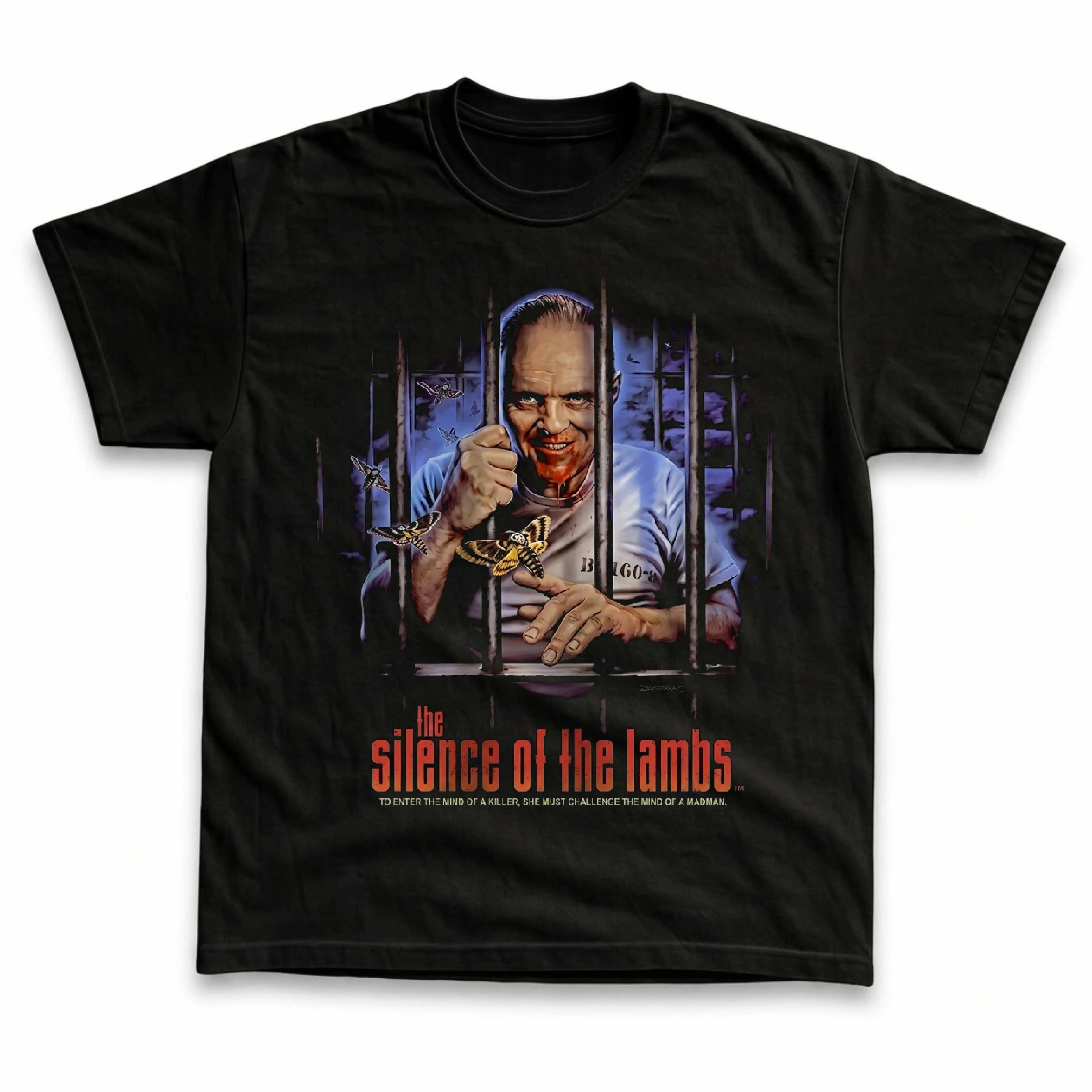 Men's and Women's T-Shirt, Vintage The Silence of the Lambs Graphic Tee, Hannibal Lecter Anthony Hopkins, 1991 Psychological Thriller Movie, Deaths Head Hawkmoth, Behind Prison Cell Bars, Mind Of A Killer Quote, Spooky Halloween, Retro Grunge Streetwear