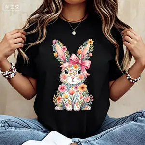 Casual Women s Round Neck Short Sleeve T Shirt Featuring Easter Bunny with Pink Bow and Colorful Swirls Print Perfect for Spring Festivals and Outdoor Leisure