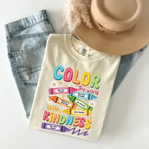 Comfort Colors Color the World with Kindness Crayons Tee, Be Kind Teacher T-Shirt, Funny Back to School Retro Graphic Tee for Students