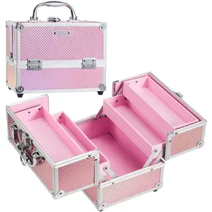 Portable Makeup Train Case Cosmetic Box Storage Organizer Nail Polish Box Jewelry Case 4 Trays with Lockable Keys for Artist, Cosmetic, Hairstylist, Women and Girls, Unicorn Rainbow, springtok
