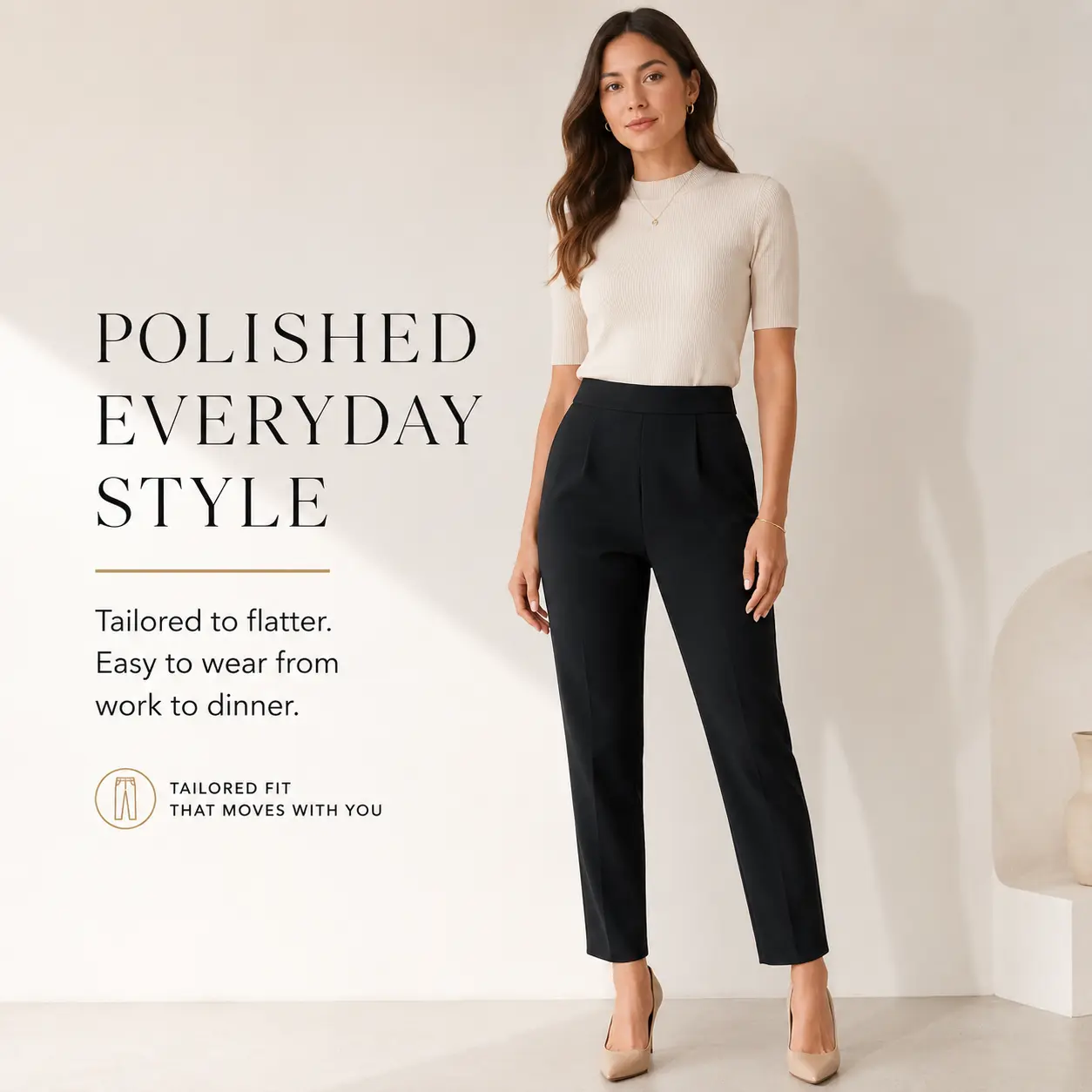 Women's High-Waist Pleated Tapered Ankle Pants - Solid Black, Elastic-Fitted Lady's Chic Casual Piece, Elegant Minimalist Bottoms for Office & Daily Wear, Comfortable