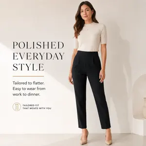 Women's High-Waist Pleated Tapered Ankle Pants - Solid Black, Elastic-Fit, Elegant Minimalist Basic Trousers, Womenswear Bottom for Office & Daily Wear Womenswear Bottom