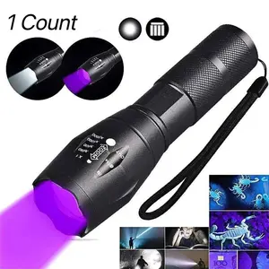 Wild Bright 1-pack 2-in-1 white light + 395nm UV light USB rechargeable LED flashlight. Portable high-lumen flashlight with zoom and waterproof design, anti-drop wrist strap, metal lotus-shaped head, suitable for camping exploration, catching creature