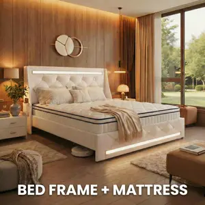 Queen Bed Frame with Mattress, Upholstered Platform Bed Frame with LED Lights, Noise-Free, Optional Storage Drawers, No Box Spring Needed – Cama queen con colchó