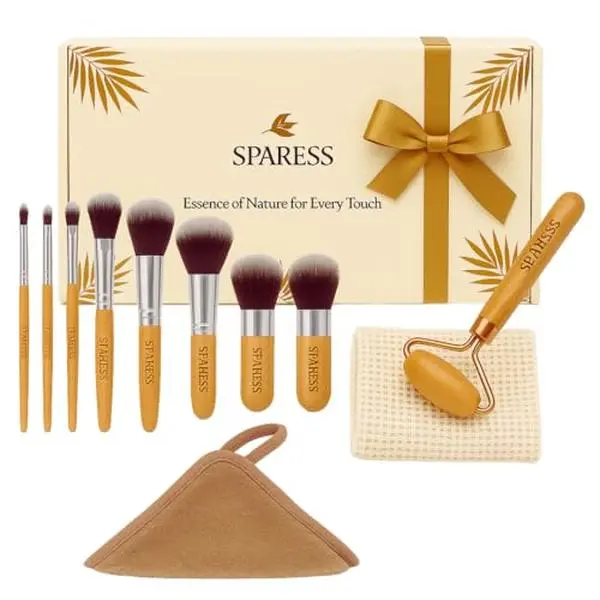 Eco Friendly Unique Natural Gift Beauty Set – Bamboo Makeup Brushes, Vegan Bamboo Roller & Soft Face Towel – Organic Self-Care Box for Women & Teens, Perfect Birthday & Spa Present”