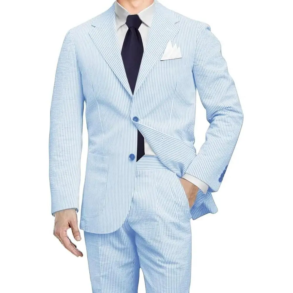 Men's 2-Piece Slim-Fit Striped Seersucker Suit - Long Sleeve Blazer, Formal Wear Menswear for Beach Weddings, Includes Tie & Jacket