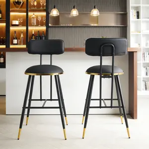 Set of 2 3 Modern Bar Stools with Backrest – Soft Upholstered Seat, Metal Legs & Gold Accents,  Kitchen Counter Chairs