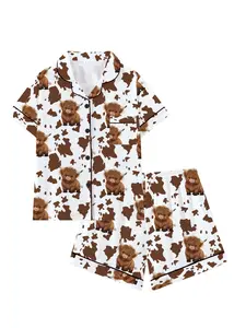 Cute Animal Cow Print Pattern Teen Sleepwear Loungewear Set, Loose-Fitting Short Sleeve Pajamas, Comfortable All Season Nightwear, Valentine's Day Gift