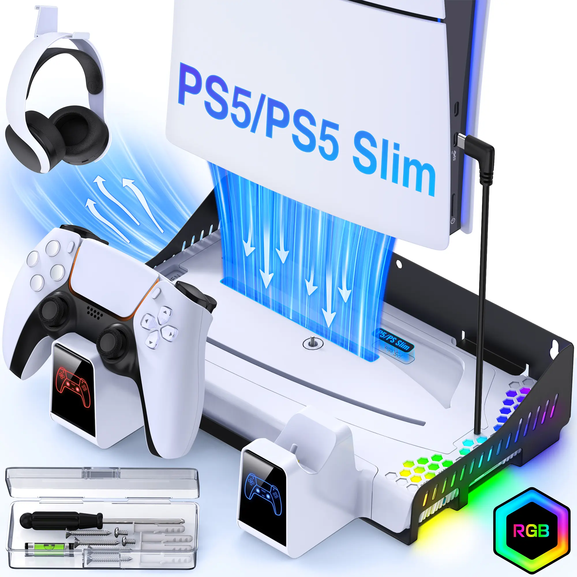 PS5 Slim Stand with Shelf Wall Mount Stand Kit PS5 Fan, PS5 Slim Stand for PS5 Slim/PS5 Disc/Digital Edition Console,PS5 Controller Charging Station/Headset Holder/15 Games Storage/Cool RGB Light Adjustable Port
