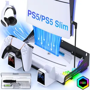 PS5 Slim Stand with Shelf Wall Mount Stand Kit PS5 Fan, PS5 Slim Stand for PS5 Slim/PS5 Disc/Digital Edition Console,PS5 Controller Charging Station/Headset Holder/15 Games Storage/Cool RGB Light