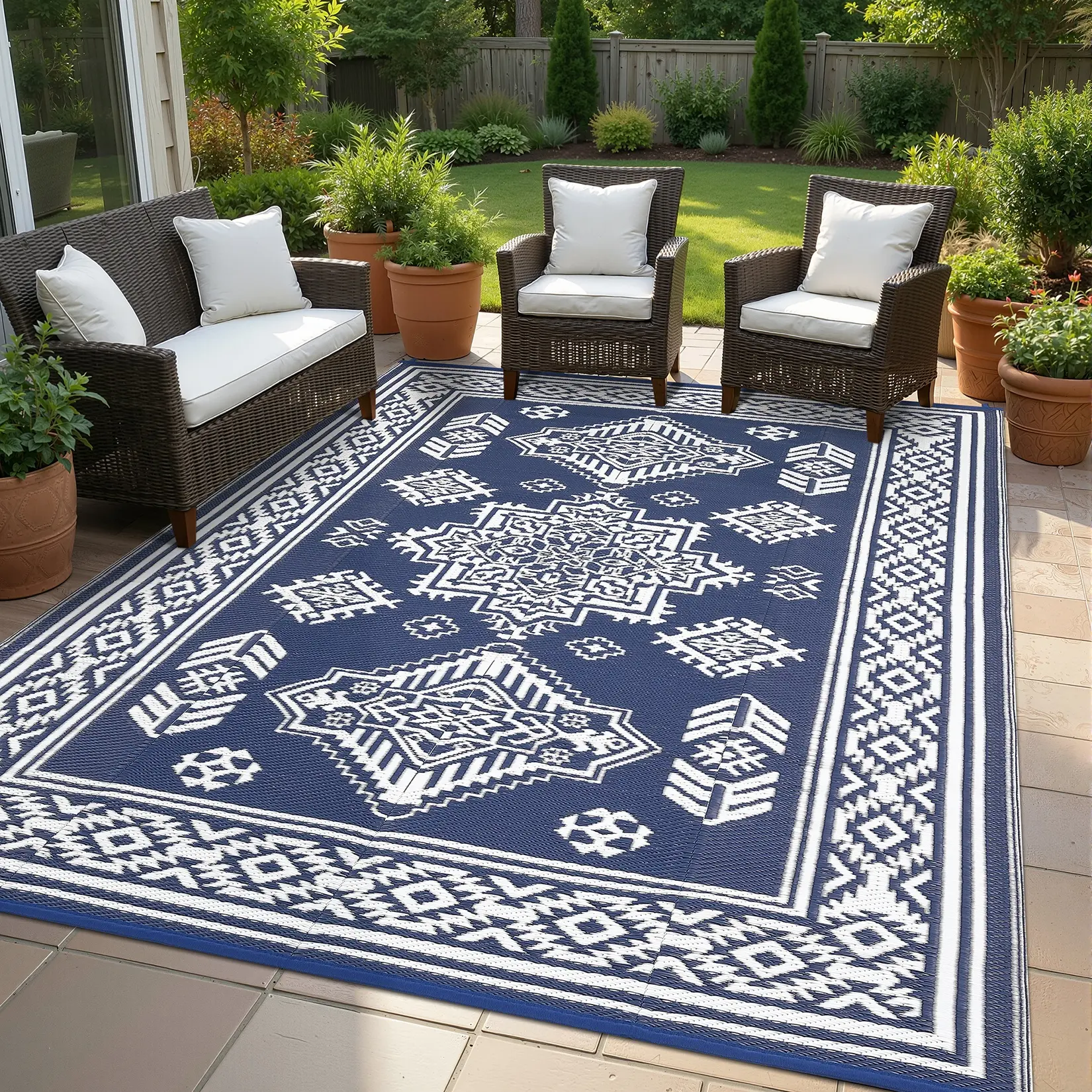 Large-Size Outdoor Waterproof Rug - Retro Border, Abstract Geometric Design, Foldable, Washable All-Weather American Retro Geometric Patio Rug for RVs, Terraces, Beaches, Geometric Rug, Patio Rugs