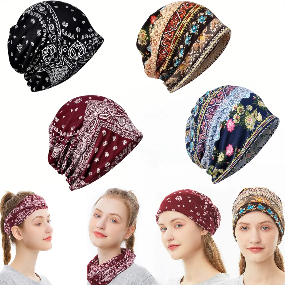 4 Pieces Cotton Slouchy Beanie Hip-Hop Soft Lightweight Running Beanie Adult Skull Hats Cap for Men Women
